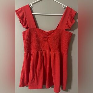 LOVE + JOY size 2X, coral colored, smocked bodice, ruffle sleeve top.